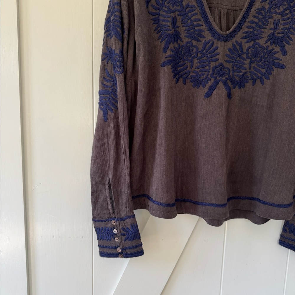 Free People Embellished Blue and Gray Long Sleeve Blouse - Picture 3 of 7